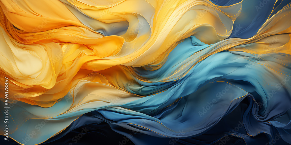 Waves in abstract blue, yellow, gold flowing silk waves. Abstract bright yellow soft fabric wavy folds. Modern luxury satin wave drapes background. Opaque see-though texture waves material backdrop - obrazy, fototapety, plakaty 
