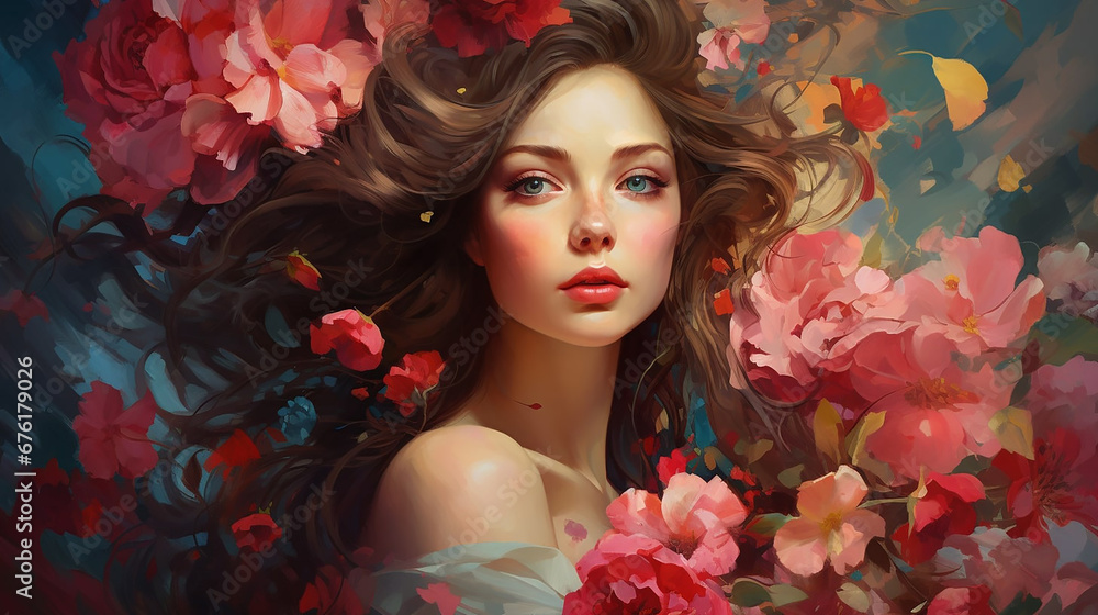 generative AI 3d portrait of beautiful woman on blooming flower