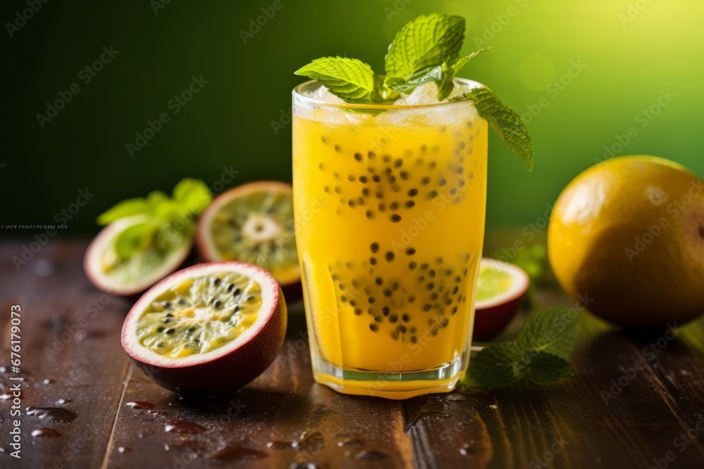 Fototapeta premium Enjoying a cold passionfruit mocktail on a rustic table amidst lush foliage