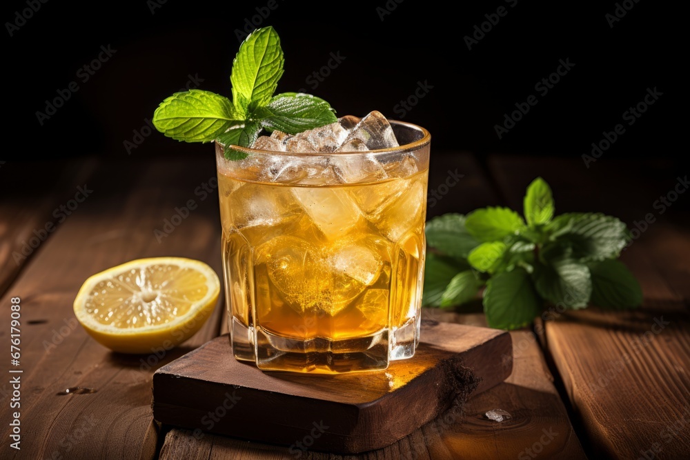 A rustic setting featuring a Whiskey Smash cocktail with lemon and mint garnish under ambient lighting A rustic setting featuring a Whiskey Smash cocktail with lemon and mint garnish under ambient lighting
