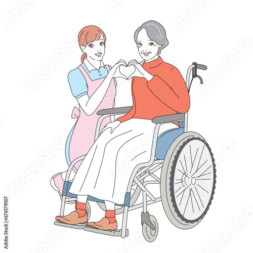 笑顔で車椅子に乗る上品なシニア女性と介護士
 photo