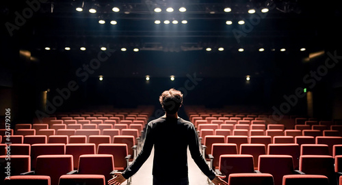 Actor on the theater stage. Male actor in the spotlight, rear view. The actor actively stands on stage with his arms spread out to the sides, in front of an empty concert hall with red chairs.