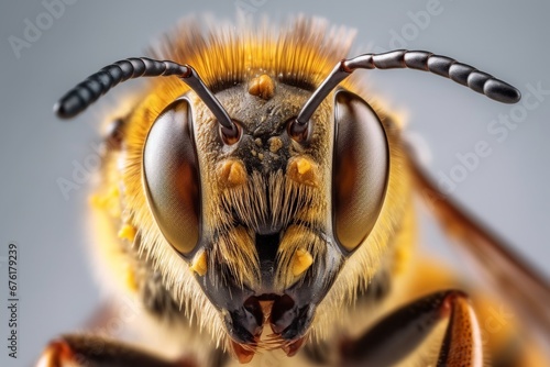 bee close up macro shot on a white surface  insect of honey closeup, bee with pollen super close-up © Alan