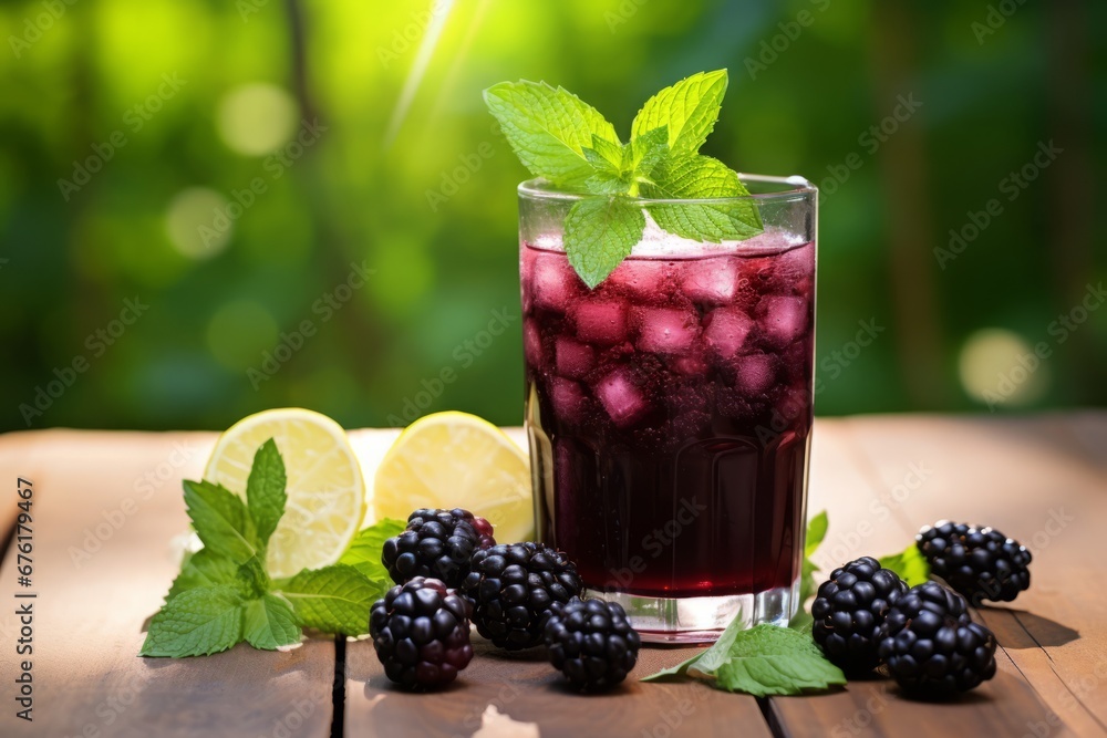Enjoying a naturally sweet and tart homemade blackberry juice outdoors on a sunny summer day Enjoying a naturally sweet and tart homemade blackberry juice outdoors on a sunny summer day