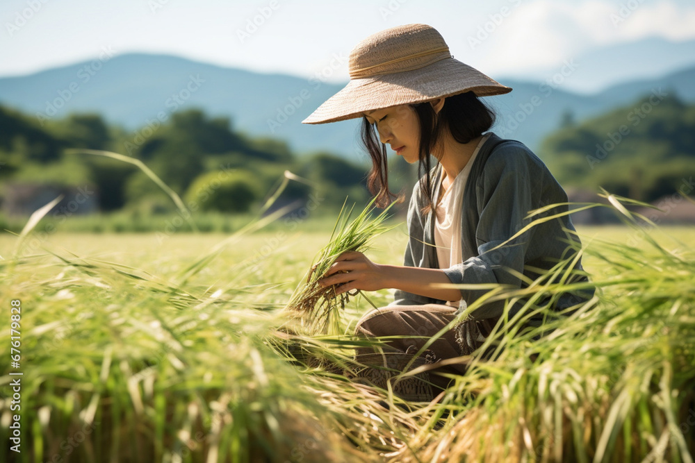 People Picking Rice The photoshoot of a young adult female farmer with a straw hat ...