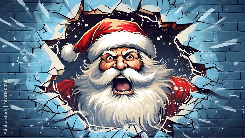 Ein verrückter Weihnachtsmann schaut durch ein Loch in der Wand / Santa Claus bricht duch die Wand / Weihnachts Poster / Christmas Wallpaper / 16:9 Frame TV Wallpaper / Ai-Ki generiert - obrazy, fototapety, plakaty 