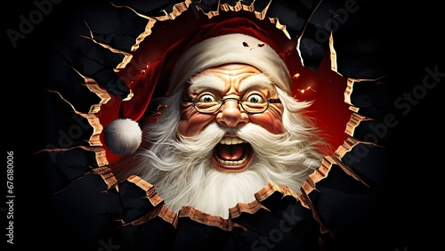 Der Weihnachtsmann schaut durch ein Loch in der Wand / Psycho Santa / Weihnachts Poster / 16:9 Breitbild Format / Frame TV Art / Ai-Ki generiert photo