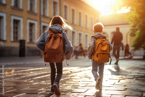 The back view of a little kid wearing bright and colorful backpacks while walking into the primary or elementary school with other stridents. Generative AI. photo