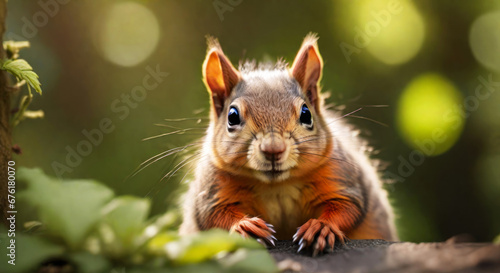 Close up squirrel playing in a summer forest background