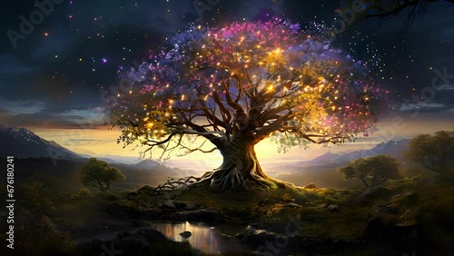 An ancient tree in the middle of a wild meadow filled with with colorful wildflowers spreads its many branches out as far as the eye can see. Its trunk is covered in knots and runes photo
