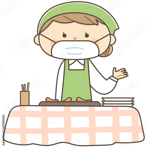 説明をする試食販売の女性