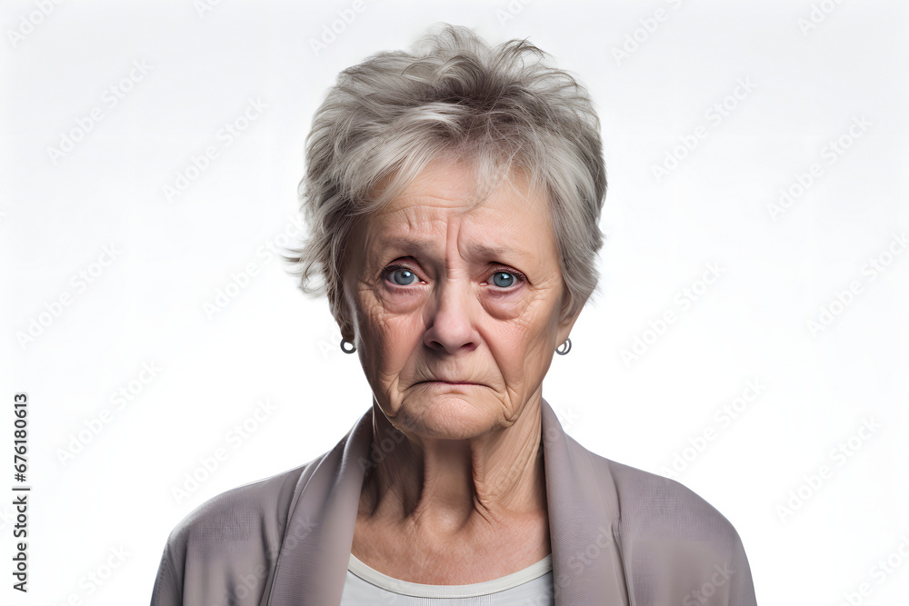Sad crying Caucasian woman portrait on white background. Neural network generated photorealistic image. Not based on any actual person or scene.