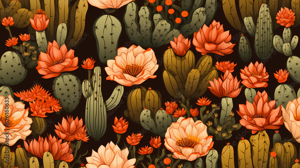 Seamless pattern Cactus Blooms on a Hot Desert Background - obrazy, fototapety, plakaty 