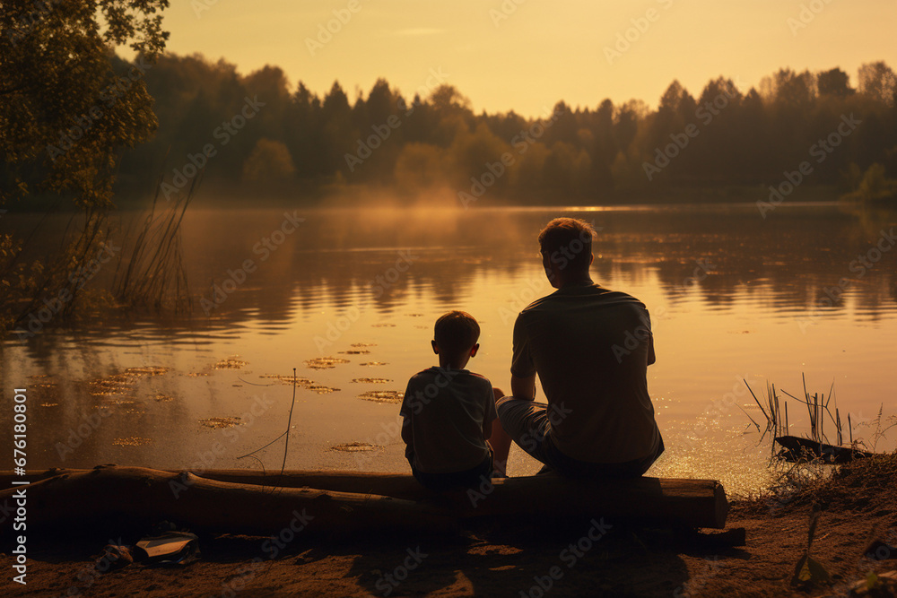 The back view portrait of a father and son sitting on the rocks near the natural lake and spending time together by fishing fishes. Generative AI.