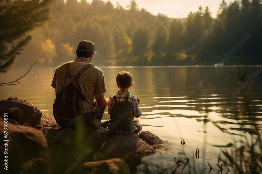 The back view portrait of a father and son sitting on the rocks near the natural lake and spending time together by fishing fishes. Generative AI.