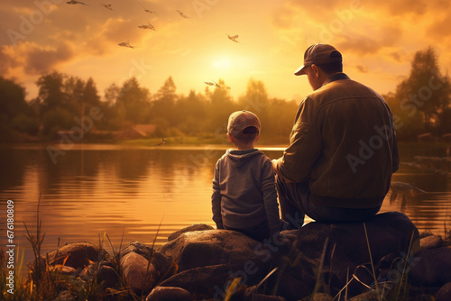 The back view portrait of a father and son sitting on the rocks near the natural lake and spending time together by fishing fishes. Generative AI.