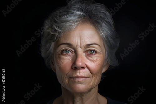 Portrait of senior gray-haired Caucasian woman on black background. Neural network generated photorealistic image. Not based on any actual person or scene. © lucky pics