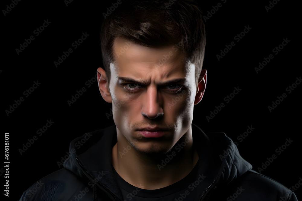 Obraz premium Sulking young adult Caucasian man, head and shoulders portrait on black background. Neural network generated image. Not based on any actual person or scene.
