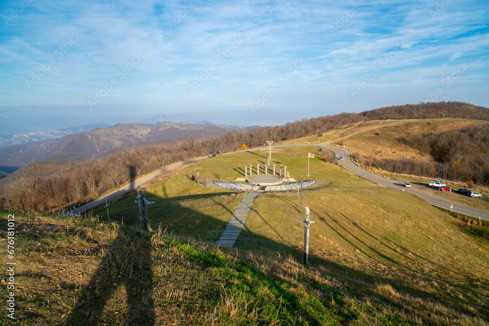 Fototapeta Famous Didgori battle monument with giant swards and sculptures. history