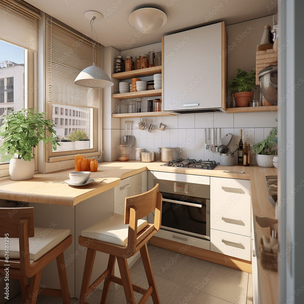 generative AI 3d portrait Kitchen with small space and modern design