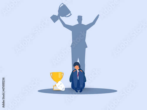 Imposter syndrome.man standing for her present profile with fear shadow behind. Anxiety and lack of self confidence at work. the person fakes is someone else concept.