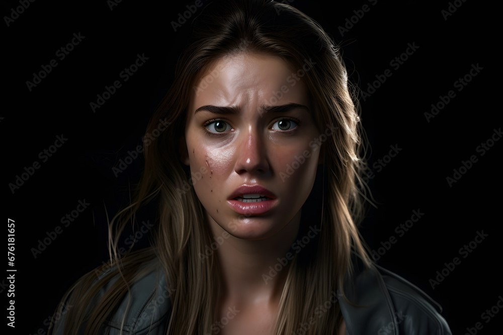 Sad young adult Caucasian woman on black background. Neural network generated image. Not based on any actual person or scene.