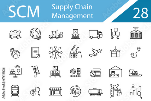 Supply Chain Management - a set of linear icons for logistics, vehicle management, delivery, raw materials, consumer, supplier, storage, warehousing. EPS10