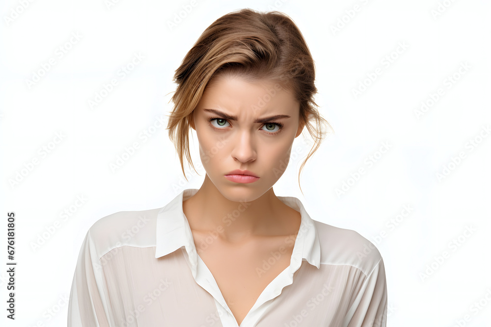 Sulking young adult Caucasian woman with white shirt on white background. Neural network generated image. Not based on any actual person or scene. Sulking young adult Caucasian woman with white shirt on white background. Neural network generated image. Not based on any actual person or scene.