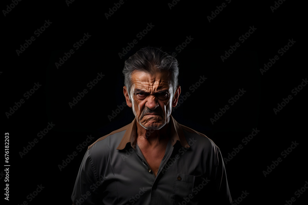 Sulking senior Latin American man, head and shoulders portrait on black background. Neural network generated photorealistic image. Not based on any actual person or scene. Sulking senior Latin American man, head and shoulders portrait on black background. Neural network generated photorealistic image. Not based on any actual person or scene.