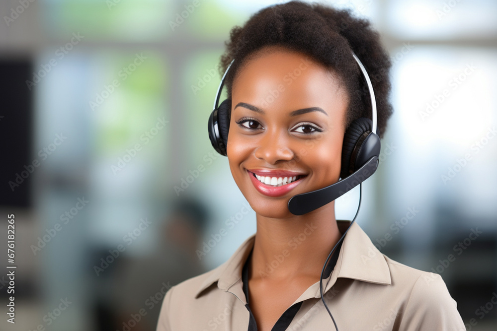 The portrait of the professional smiling call center and customer service with the microphone headset employee isolated on the white, blurry office background. Generative AI. The portrait of the professional smiling call center and customer service with the microphone headset employee isolated on the white, blurry office background. Generative AI.