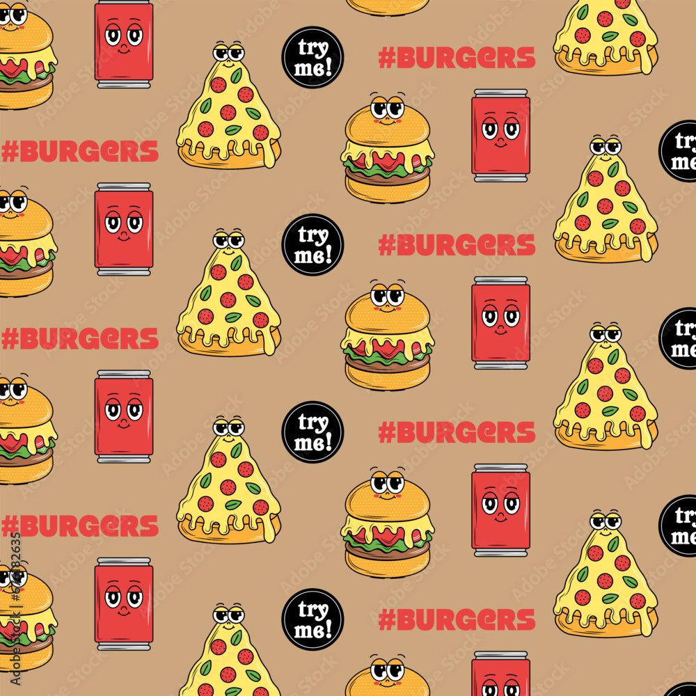 Seamless pattern with funky cartoon Characters Burgers, Pizza, Drink and other elements in groovy style. Retro hippie background for delivery service and burger cafe. Vector vintage art