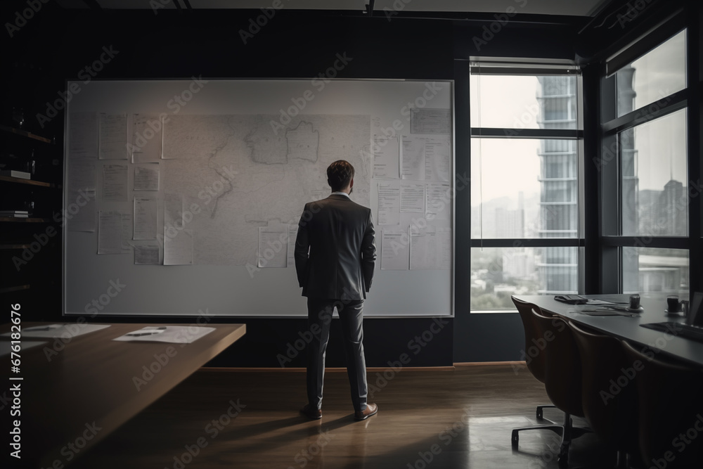 The back view of businessman standing in room planning work.Working business cooperation concept. The back view of businessman standing in room planning work.Working business cooperation concept.