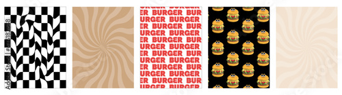 Set of retro posters with funky cartoon Characters Burger in groovy style. Retro card for delivery service. Vintage hippie background for burger bar, restaurant, cafe, social media, posts. Vector  art