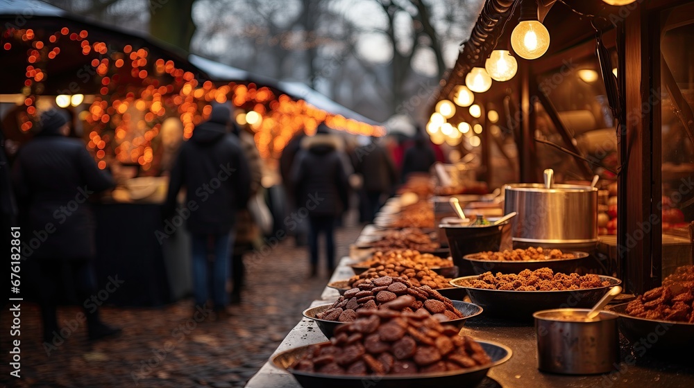  the lively atmosphere of a food stall at a Christmas market, with assorted sweets on display and festive lights creating a cozy, inviting glow.