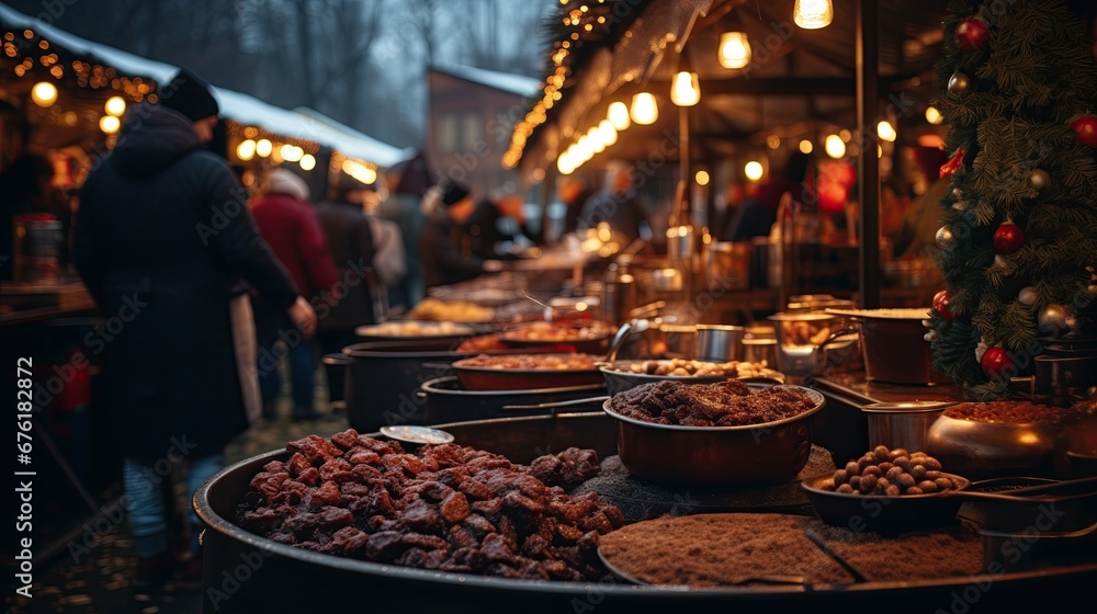 A bustling holiday market with large pans of traditional foods and sweets, under festive lights and decorations.