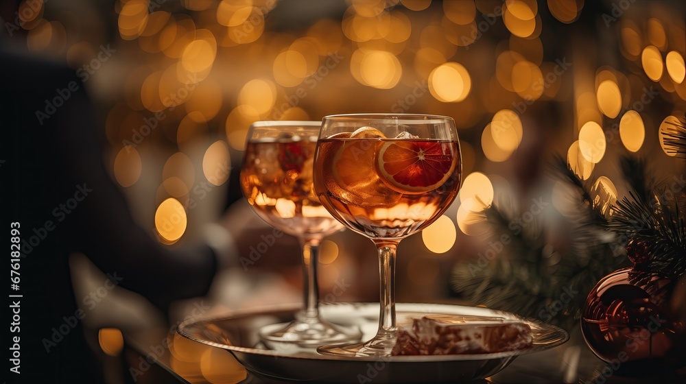 Two glasses of amber-colored cocktails, garnished with slices of orange, set against a backdrop of warm, golden bokeh lights. A festive ambiance is created by the nearby Christmas decorations