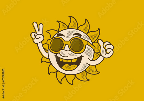 Vintage character illustration of a sun wearing sunglasses