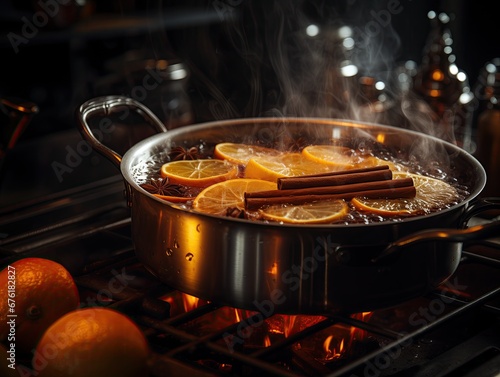A pot of mulled wine simmers on the stove, with steam rising from the mixture of orange slices and cinnamon sticks, creating a cozy, aromatic ambiance.