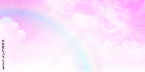 Pastel pink rainbow sky with clouds abstract watercolor background.
