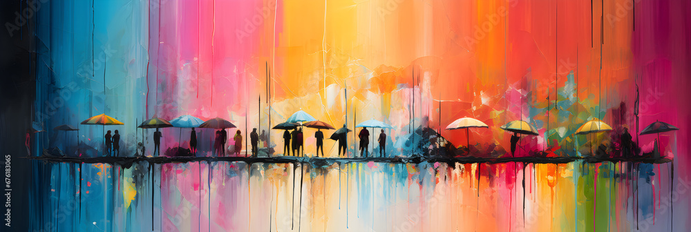 Colourful abstract painting of streets in the rain, in the style of luminous and dreamlike scenes with people holding umbrellas 
