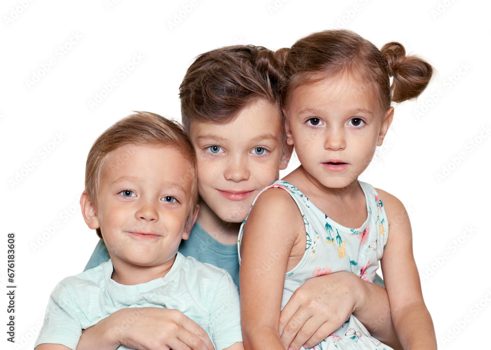 the older brother is now hugging his younger siblings on a white background the older brother is now hugging his younger siblings on a white background