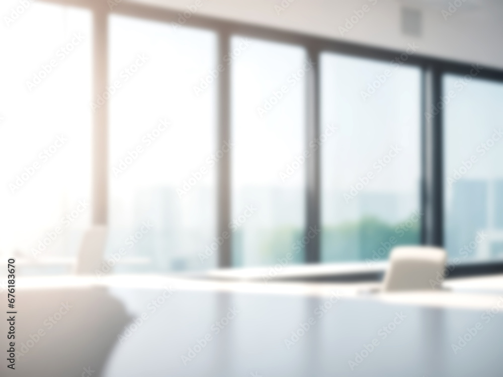 Fototapeta premium Blurred image of mordern office with sunlight for background usage. Blur interior background concept.