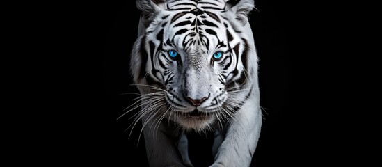 The isolated white tiger with its captivating blue eyes stands out against a black background showcasing its powerful energy and fierce nature in this stunning portrait
