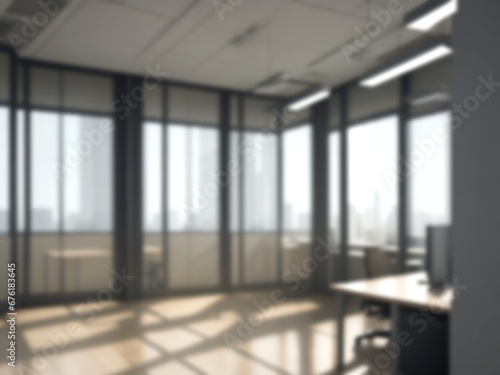 Blurred image of mordern office with sunlight for background usage. Blur interior background concept.