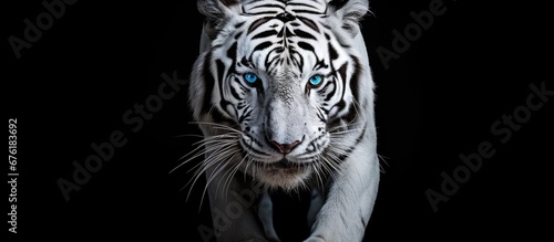The isolated white tiger with its captivating blue eyes stands out against a black background showcasing its powerful energy and fierce nature in this stunning portrait