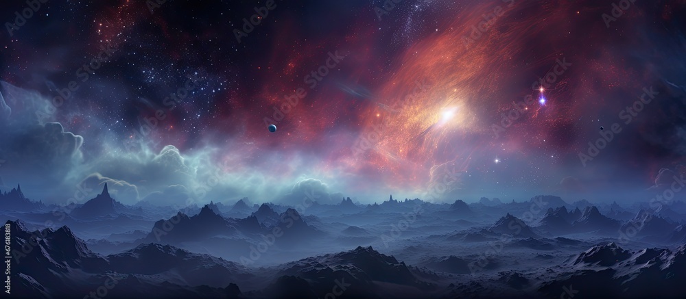 The HDRI illustration of a nebula background with textured sky and nature presents a captivating blend of light and space unveiling the wonders of the mysterious black science behind galaxi - obrazy, fototapety, plakaty 