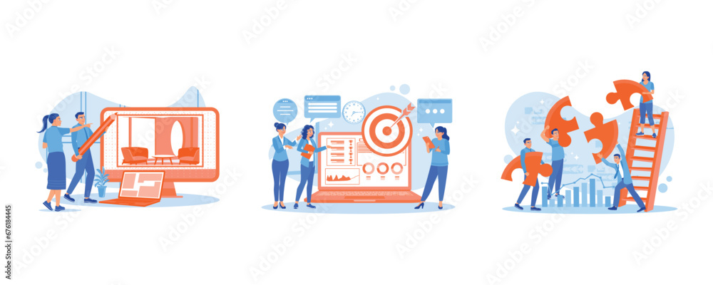 Create an office interior design. Make important decisions together. Teamwork concept. Employee Making concept. set trend modern vector flat illustration