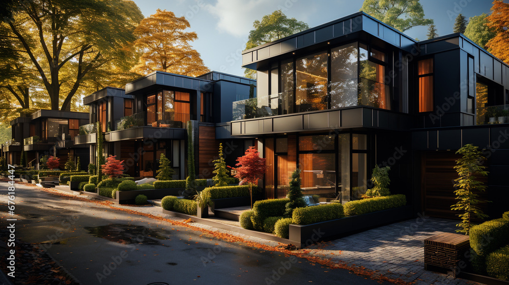 Naklejka premium Street of new townhouses. Modern townhouse with garden. Modern privat houses. Suburban houses. Neighbourhood of luxury houses with street road. individual Houses - Real estate concept Buildings - Ai