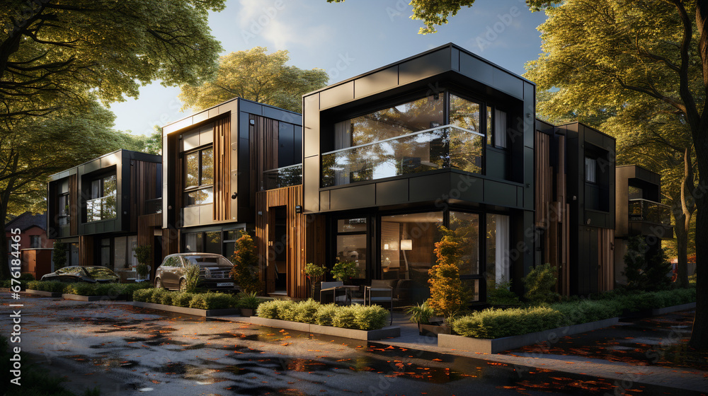 Street of new townhouses. Modern townhouse with garden. Modern privat houses. Suburban houses. Neighbourhood of luxury houses with street road. individual Houses - Real estate concept Buildings - Ai