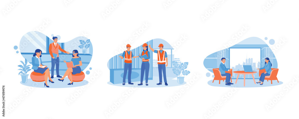 Collaborative process of business teams. Discussion of the work of engineers and architects. Banker and client discussing. Discuss Information concept. set trend modern vector flat illustration
